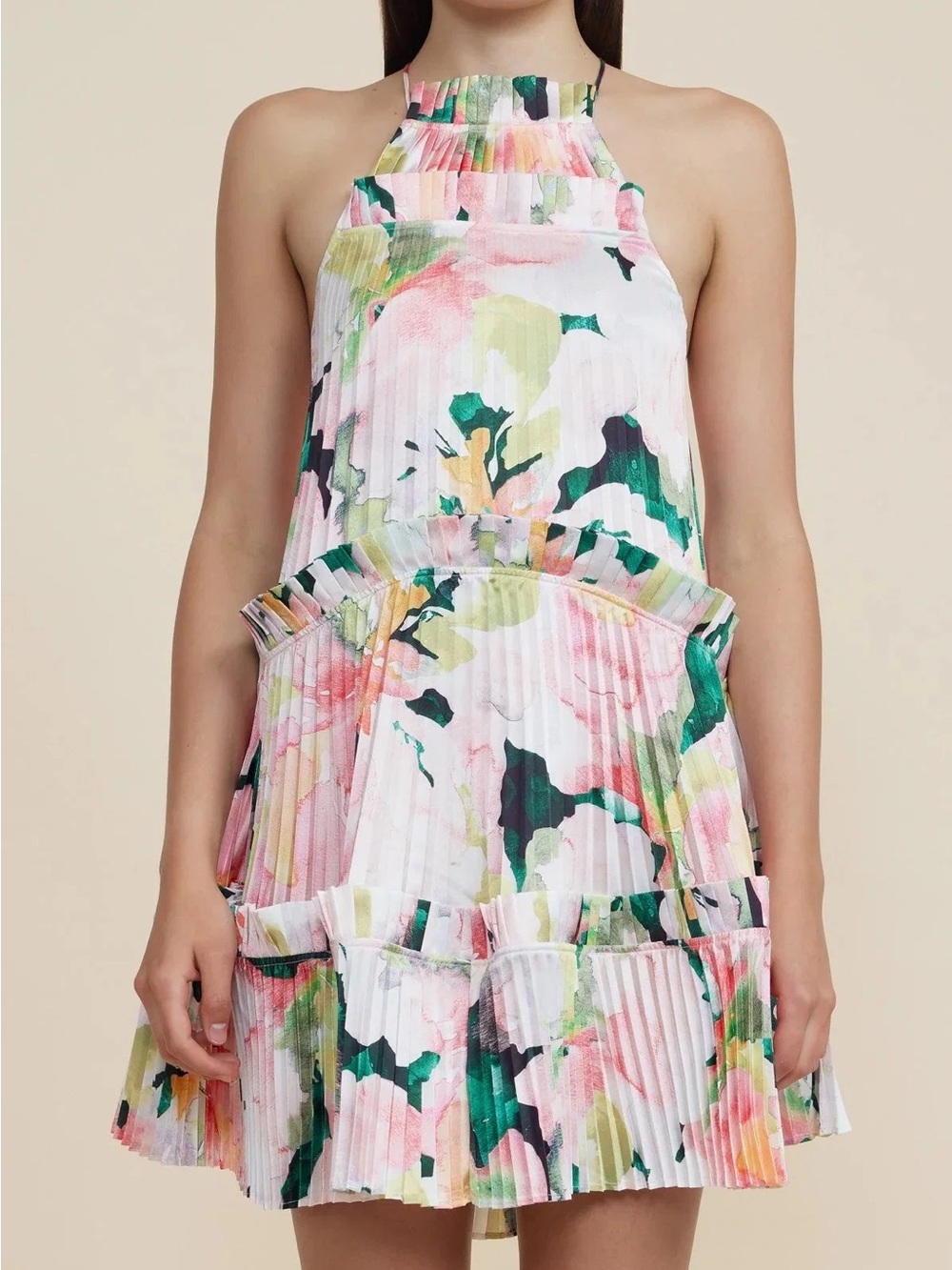 Acler White Floral Pleated Halter Mini Dress with Pink & Green Accents